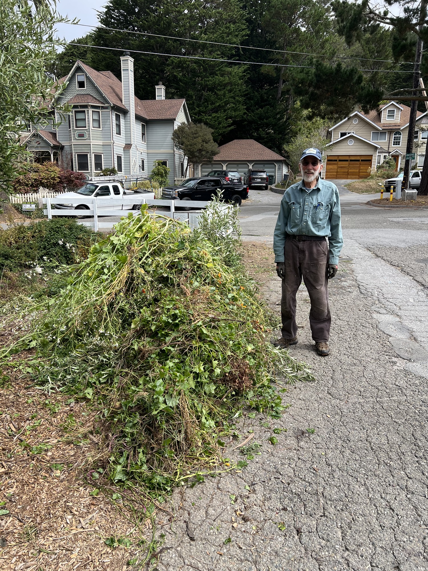 Volunteer with weed pile
